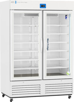 A large, white, commercial refrigerator with glass double doors, labeled “Med Fridge.” The fridge has multiple empty shelves inside, a digital temperature display on top, vents at the bottom, and is set on caster wheels for mobility.