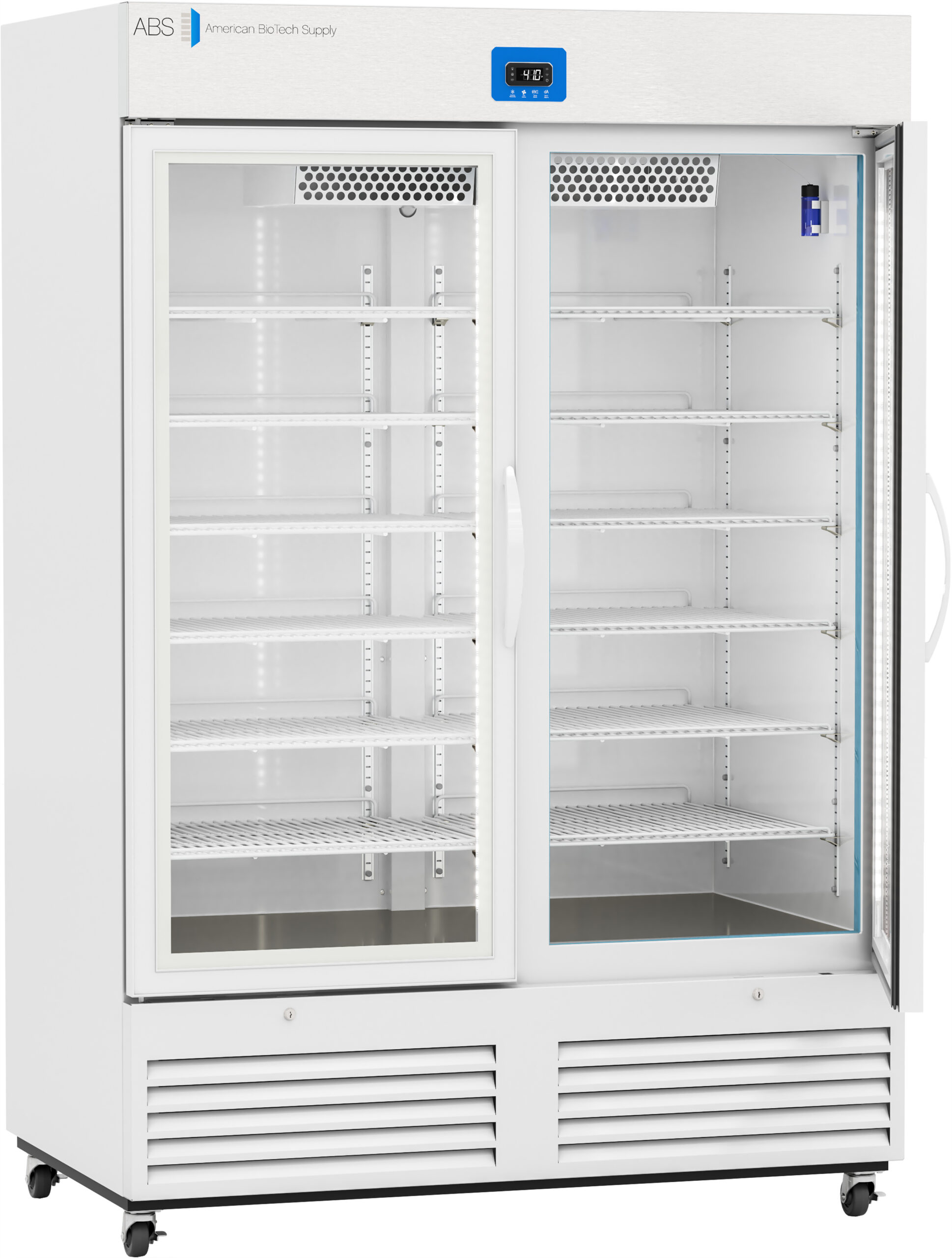 A large, white laboratory refrigerator on wheels with two glass sliding doors, empty adjustable shelves, a digital temperature display at the top, and ventilation grilles at the bottom. The brand American Biotech Supply appears on the upper left.