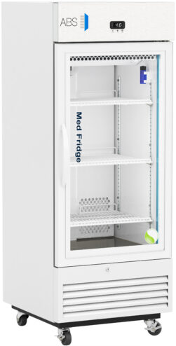 A tall, white medical refrigerator with a glass door, digital temperature display, interior shelves, and Medi Fridge text. The unit has vents at the bottom, sits on four wheels, and displays the ABS logo on the upper left corner.