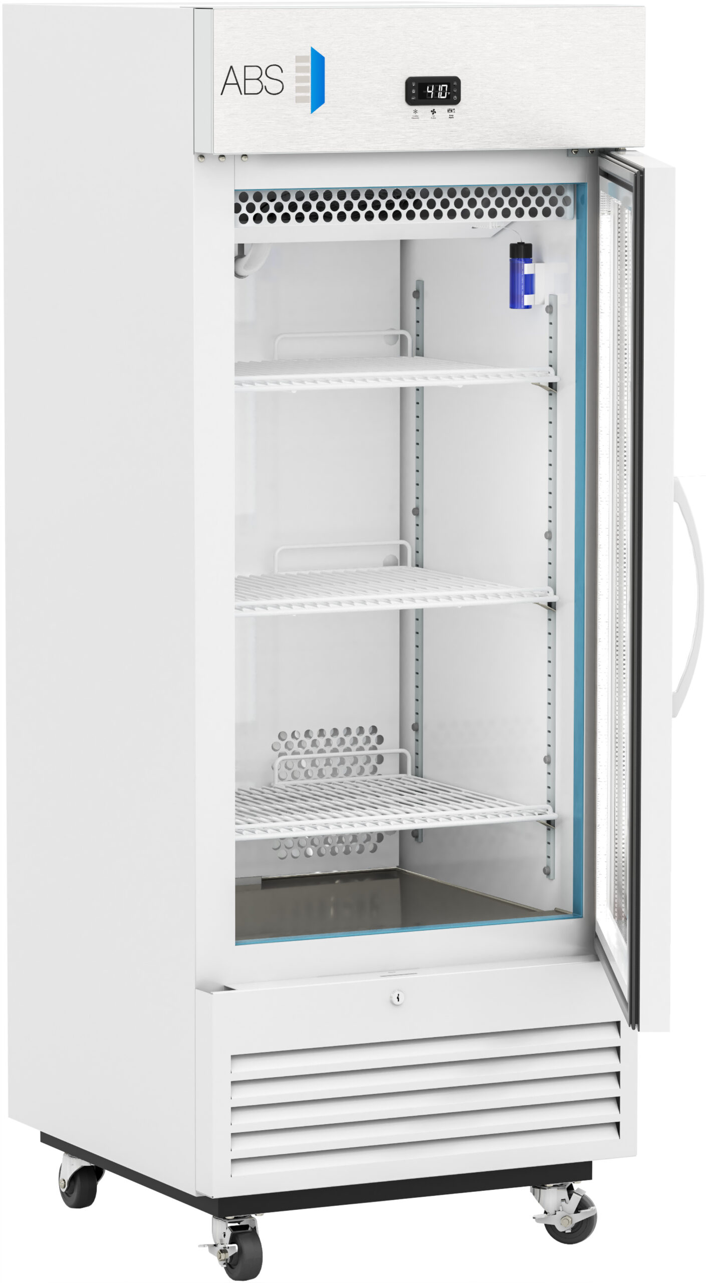 A tall, white medical refrigerator with a glass door stands open, revealing three adjustable wire shelves inside. The digital display above the door shows the temperature, and a small blue bottle is stored on the top shelf. The fridge is on wheels.