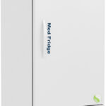 A tall, white medical refrigerator labeled “Medi Fridge” stands on four wheels. It has a digital temperature display at the top, a vertical door handle, and ventilation grilles at the bottom. The brand “ABS” is marked at the top left.