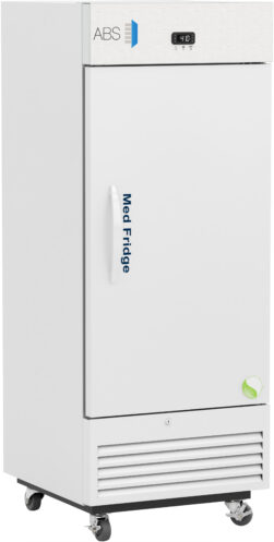 A tall, white medical refrigerator labeled “Medi Fridge” stands on four wheels. It has a digital temperature display at the top, a vertical door handle, and ventilation grilles at the bottom. The brand “ABS” is marked at the top left.