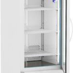 A medical-grade, glass-door refrigerator with white exterior on wheels. It has four wire shelves inside, an electronic temperature display showing 4.0°C, interior LED lighting, and a blue thermometer. The door is ajar, revealing the interior.