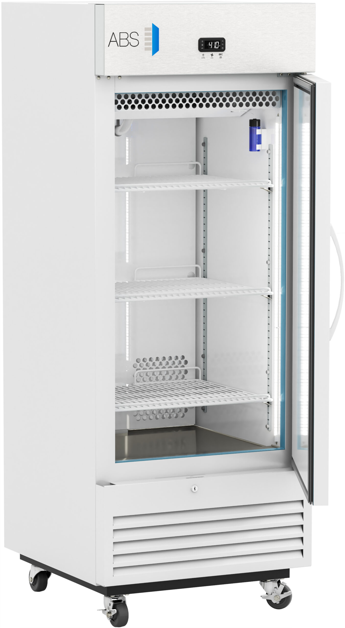 A medical-grade, glass-door refrigerator with white exterior on wheels. It has four wire shelves inside, an electronic temperature display showing 4.0°C, interior LED lighting, and a blue thermometer. The door is ajar, revealing the interior.
