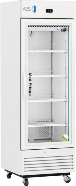 A tall, white medical refrigerator with a glass door displays five empty shelves. The digital display at the top shows a temperature of 2.4°C. “Medi Fridge” is written inside. The fridge is on wheels and has vents near the bottom.