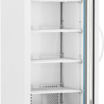An upright, white laboratory refrigerator with a glass door is shown open, revealing five empty wire shelves inside. The digital temperature display above the door reads 4.0°C. The unit has a handle on the door and sits on four caster wheels.