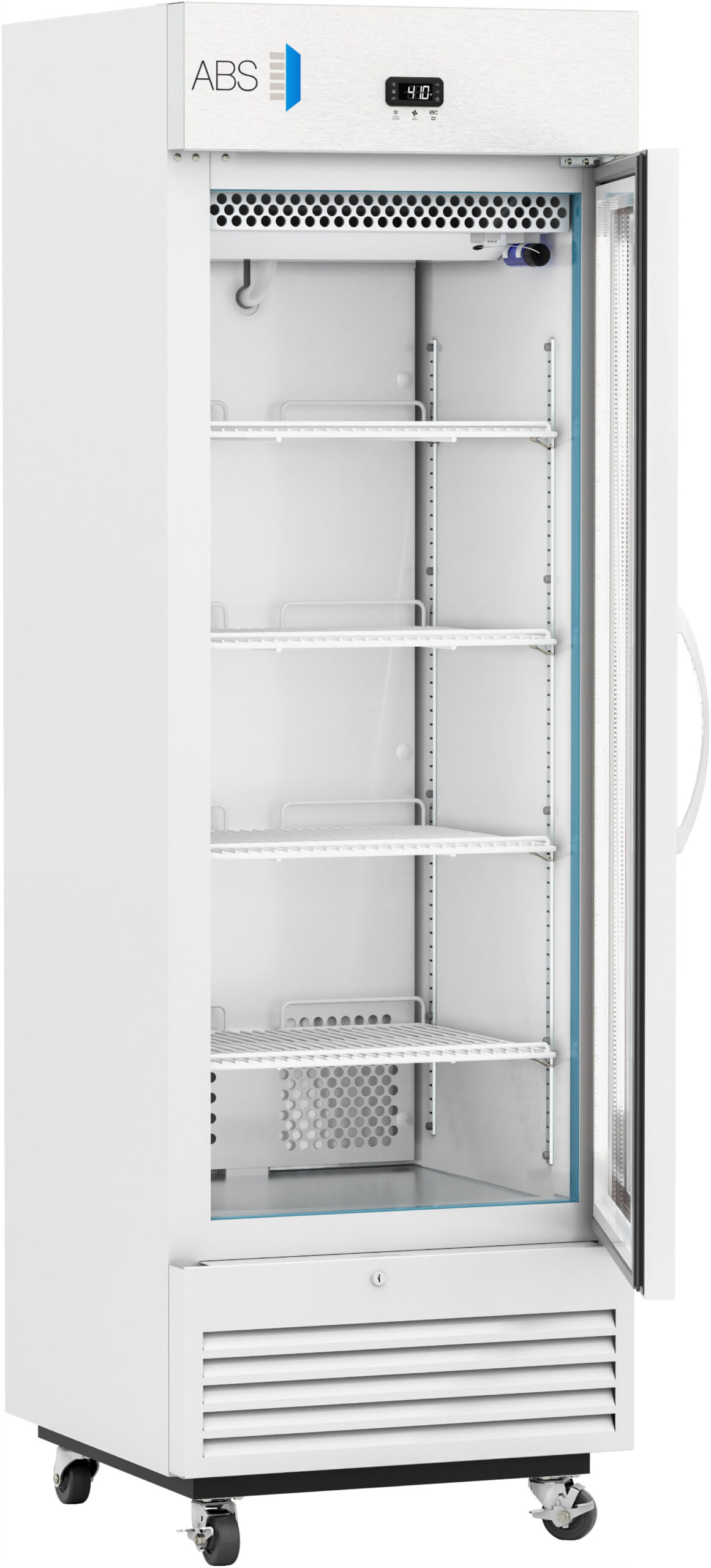 An upright, white laboratory refrigerator with a glass door is shown open, revealing five empty wire shelves inside. The digital temperature display above the door reads 4.0°C. The unit has a handle on the door and sits on four caster wheels.