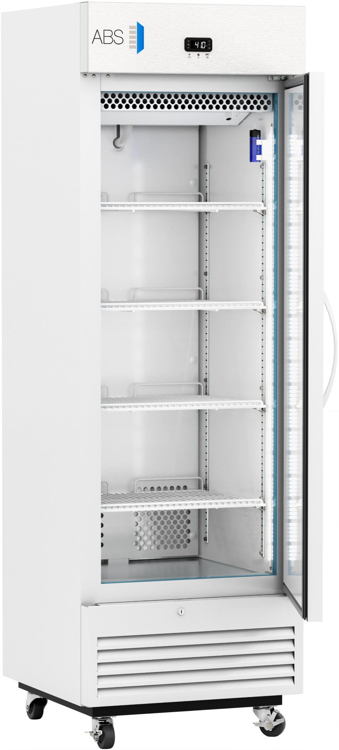 A tall, white laboratory refrigerator with a glass door is open, revealing five empty wire shelves inside. The digital temperature display above the door reads 4.0°C. The fridge stands on four wheels and has a vented panel at the bottom.