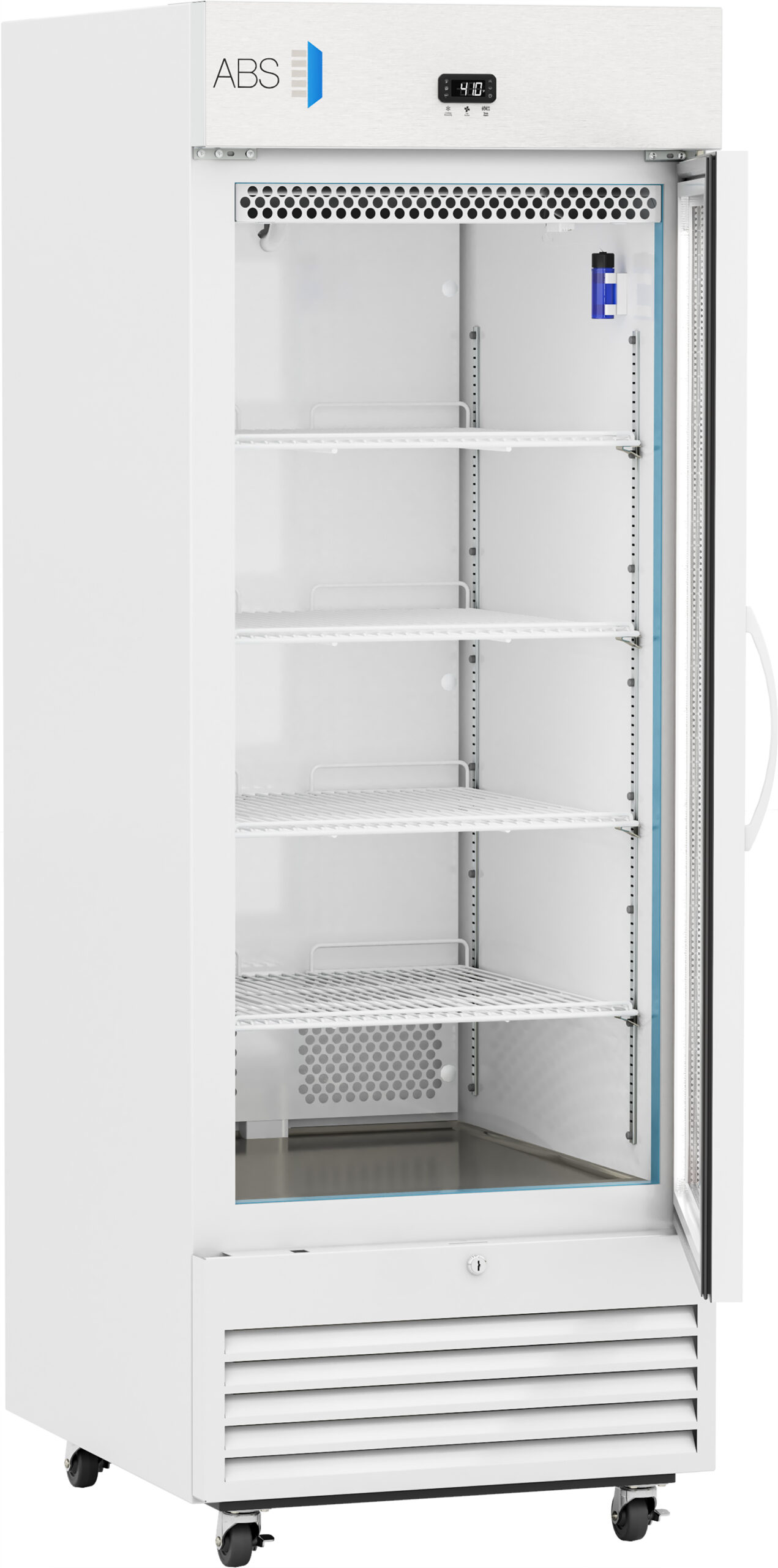A tall, white, upright laboratory refrigerator with a glass door is shown open. The interior has multiple adjustable wire shelves, a digital temperature display at the top, and wheels at the base for mobility. The unit is clean and empty.
