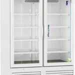 A tall, white medical refrigerator with two glass doors, multiple empty shelves, and a digital temperature display on top. The left door is labeled “ABS,” and the right door reads “Med Fridge.” The unit stands on wheels and has vents at the bottom.