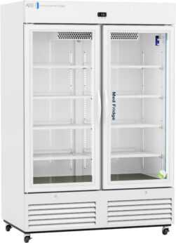 A tall, white medical refrigerator with two glass doors, multiple empty shelves, and a digital temperature display on top. The left door is labeled “ABS,” and the right door reads “Med Fridge.” The unit stands on wheels and has vents at the bottom.