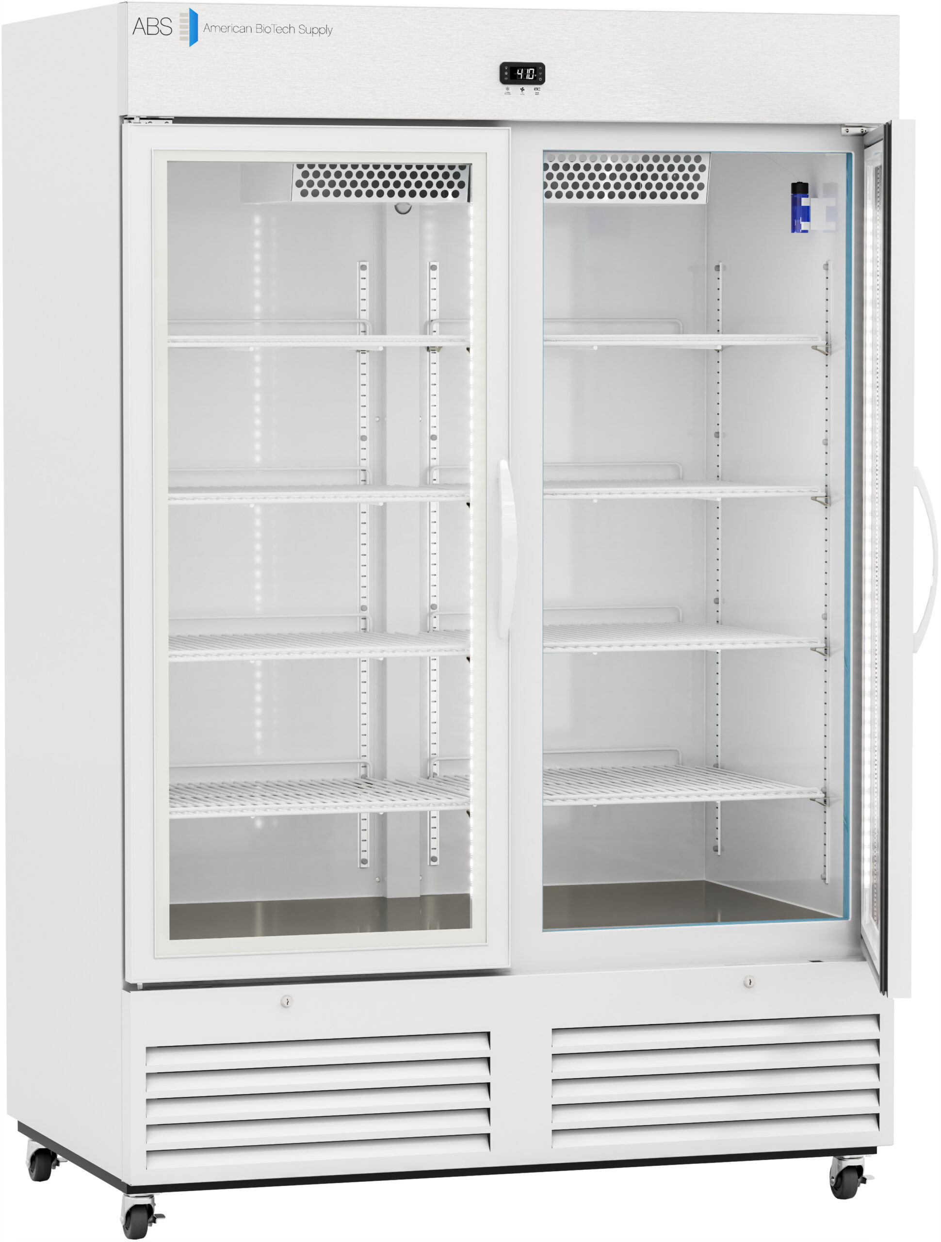 A tall, white laboratory refrigerator with two glass sliding doors, several adjustable wire shelves inside, a digital temperature display above the doors, and ventilation panels at the base. The interior is empty and well-lit.