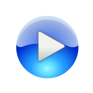 A glossy blue circular button features a white, right-pointing triangle play icon in the center. The design evokes the NSF/ANSI 456 standard's clean look, with a shiny light blue top and a deep blue gradient bottom on a light gray background.