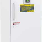 A tall, white laboratory freezer with a vertical handle on the left, control panel near the top labeled ABS, warning labels about flammable material storage, and caution signage on the front door. Ventilation panel is at the bottom.