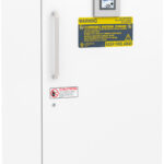 A white, upright ABS laboratory freezer with a silver handle, warning labels, a small digital display showing -20.9°C, and ventilation grilles at the bottom. The freezer is marked for flammable material storage and has a caution sticker.