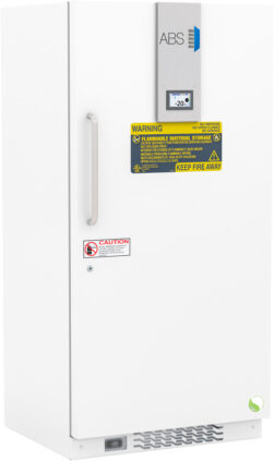 A white, upright ABS laboratory freezer with a silver handle, warning labels, a small digital display showing -20.9°C, and ventilation grilles at the bottom. The freezer is marked for flammable material storage and has a caution sticker.