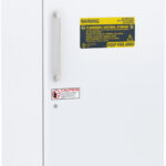 A tall, white laboratory freezer with a stainless steel handle, digital temperature display at the bottom, and warning labels indicating flammable material storage and safety precautions on the front door. The American BioTech Supply logo is visible at the top.