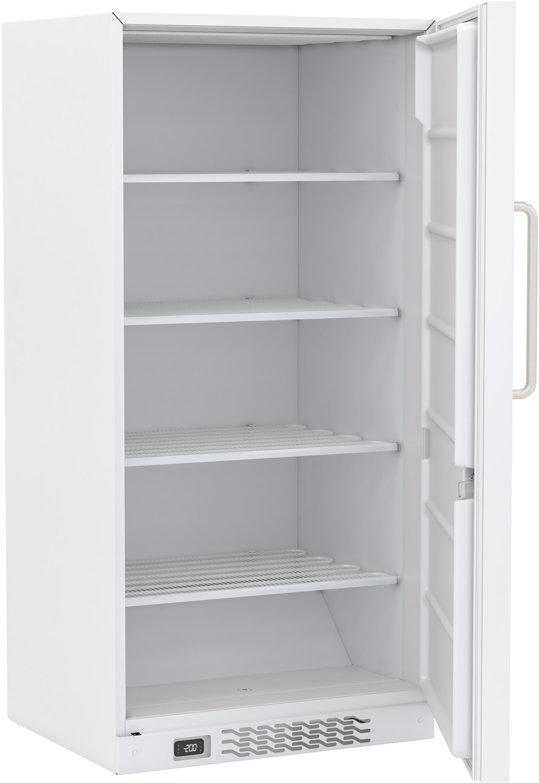 A white, upright refrigerator with its door open, showing four empty metal shelves and a plain door interior with a handle. A digital control panel is visible at the bottom front of the fridge. The interior is clean and well-lit.