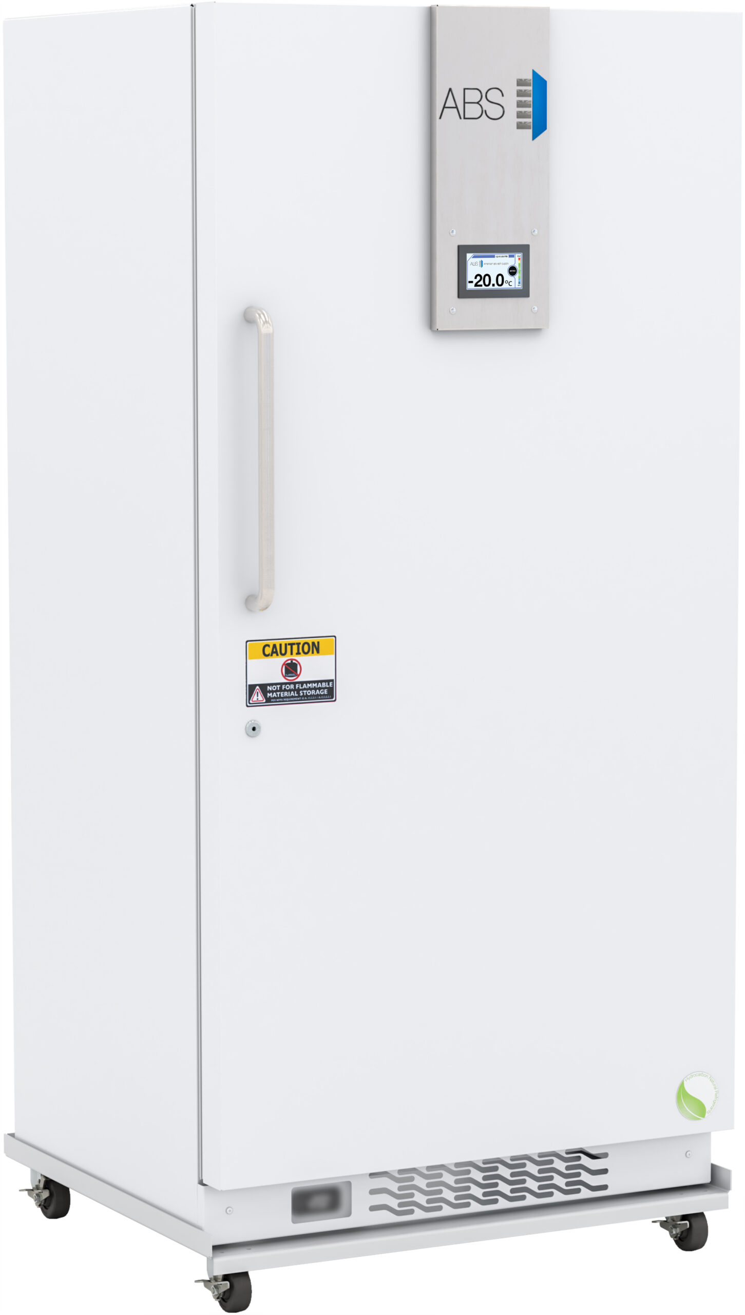 A large, white upright laboratory freezer with a digital display showing -20.0°C. The freezer has a vertical handle, a caution label, a vent near the bottom, and is mounted on wheels for mobility. The brand “ABS” is visible on a panel near the top.
