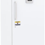 A tall, white laboratory freezer with a digital control panel displaying “-86°C.” The unit has a vertical handle, a caution sticker, vents near the base, and sits on four caster wheels. The ABS logo is visible at the top right of the door.