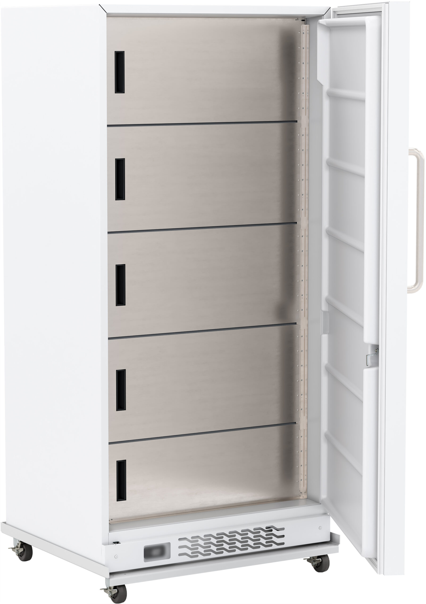 A tall, white, upright freezer stands on wheels with its door open, revealing four metal shelves inside. The shelves each have a rectangular cut-out handle. The freezer has a vent at the bottom and a sturdy side handle on the door.