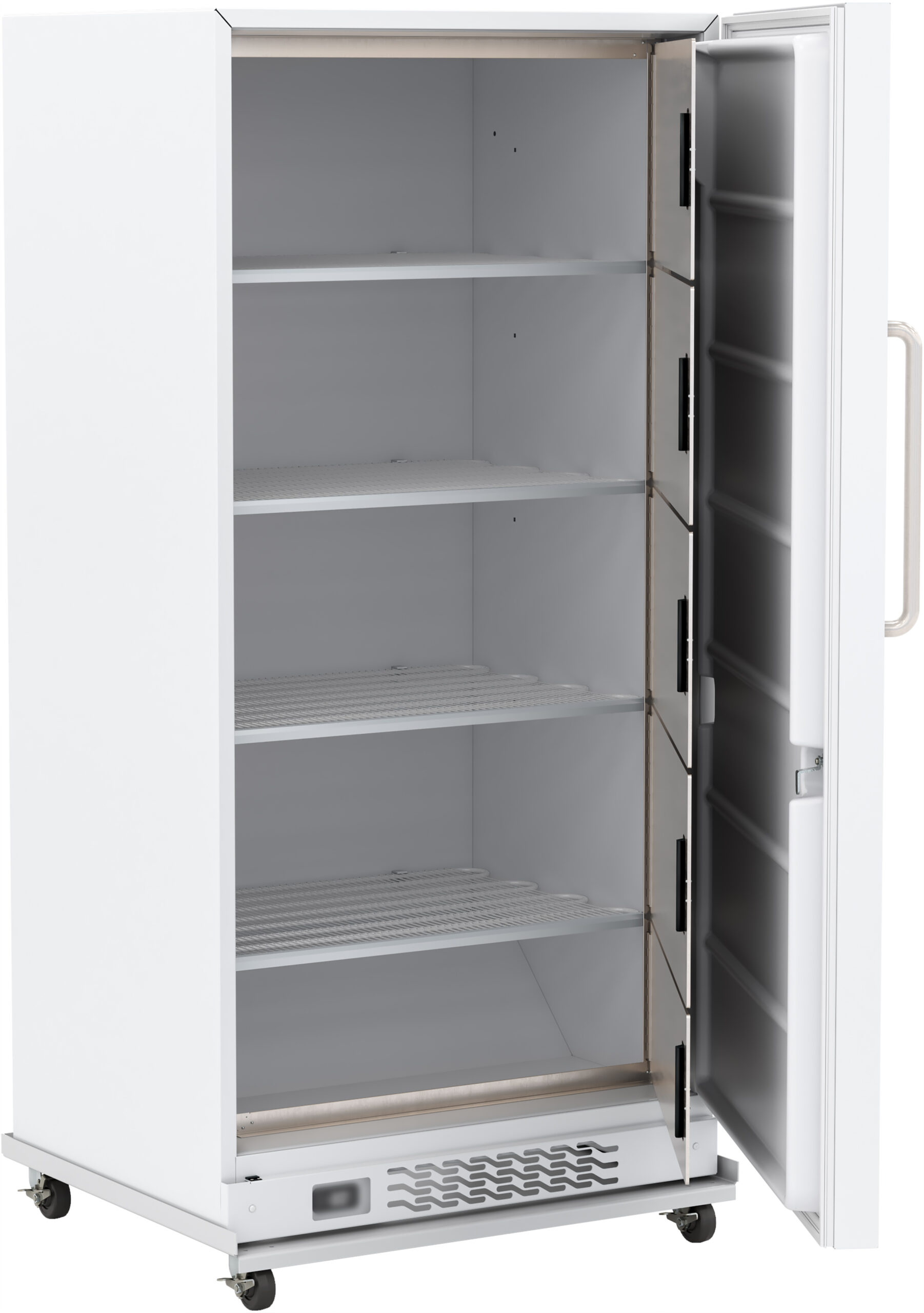 A white, upright commercial refrigerator stands on wheels with its door open. Inside, there are four empty wire shelves. The interior is clean and well-lit, and the door has a sturdy handle. Vents and controls are visible at the bottom front.