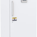 A white upright laboratory freezer with a digital display showing -30.9°C, a metallic handle, a caution sign about authorized personnel, vents at the bottom, and small wheels. The brand name ABS is displayed near the top.