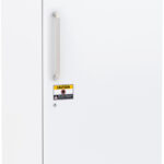 A tall, white, upright laboratory freezer with a vertical handle on the left side of the door. There is a caution sticker, a small digital display near the bottom, ventilation grilles, and an “American BioTech Supply” logo at the top.