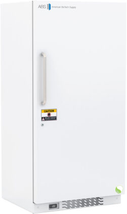 A tall, white, upright laboratory freezer with a vertical handle on the left side of the door. There is a caution sticker, a small digital display near the bottom, ventilation grilles, and an “American BioTech Supply” logo at the top.