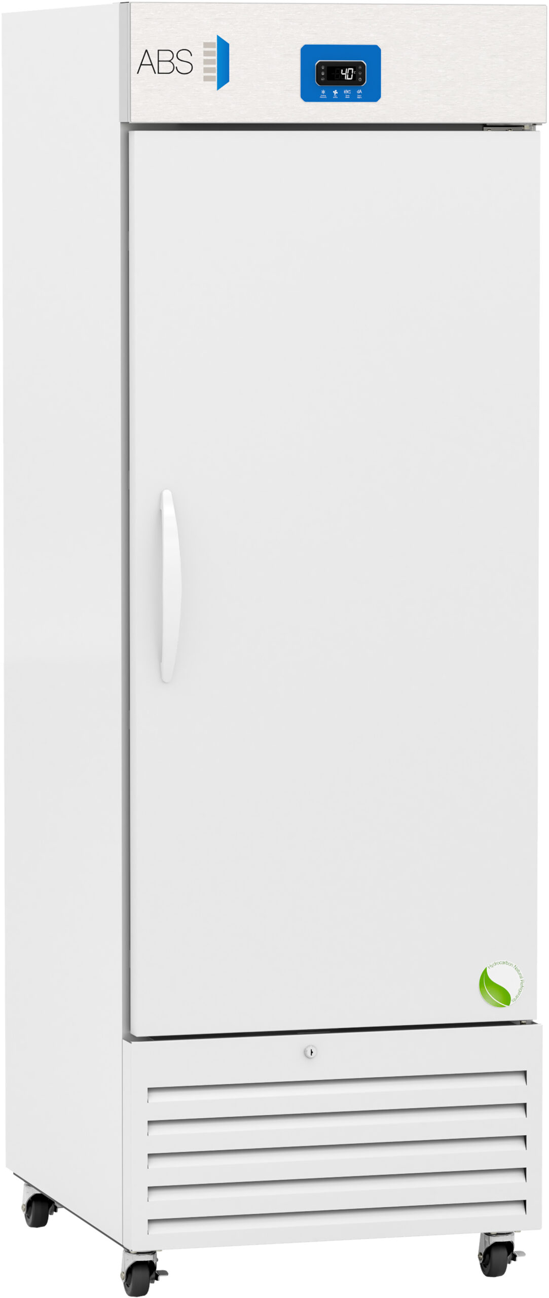 A tall, white commercial refrigerator with a single door, handle on the left, a digital temperature display reading -40°C, vents at the bottom, and wheels. The ABS logo is at the top left; a green leaf symbol appears near the lower right corner.