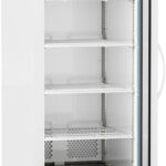 A tall, white, upright laboratory refrigerator with a glass door, metal handle, five adjustable wire shelves, and a digital temperature display panel at the top shows -40°C. The unit has ventilation grilles at the bottom and is on four wheels.