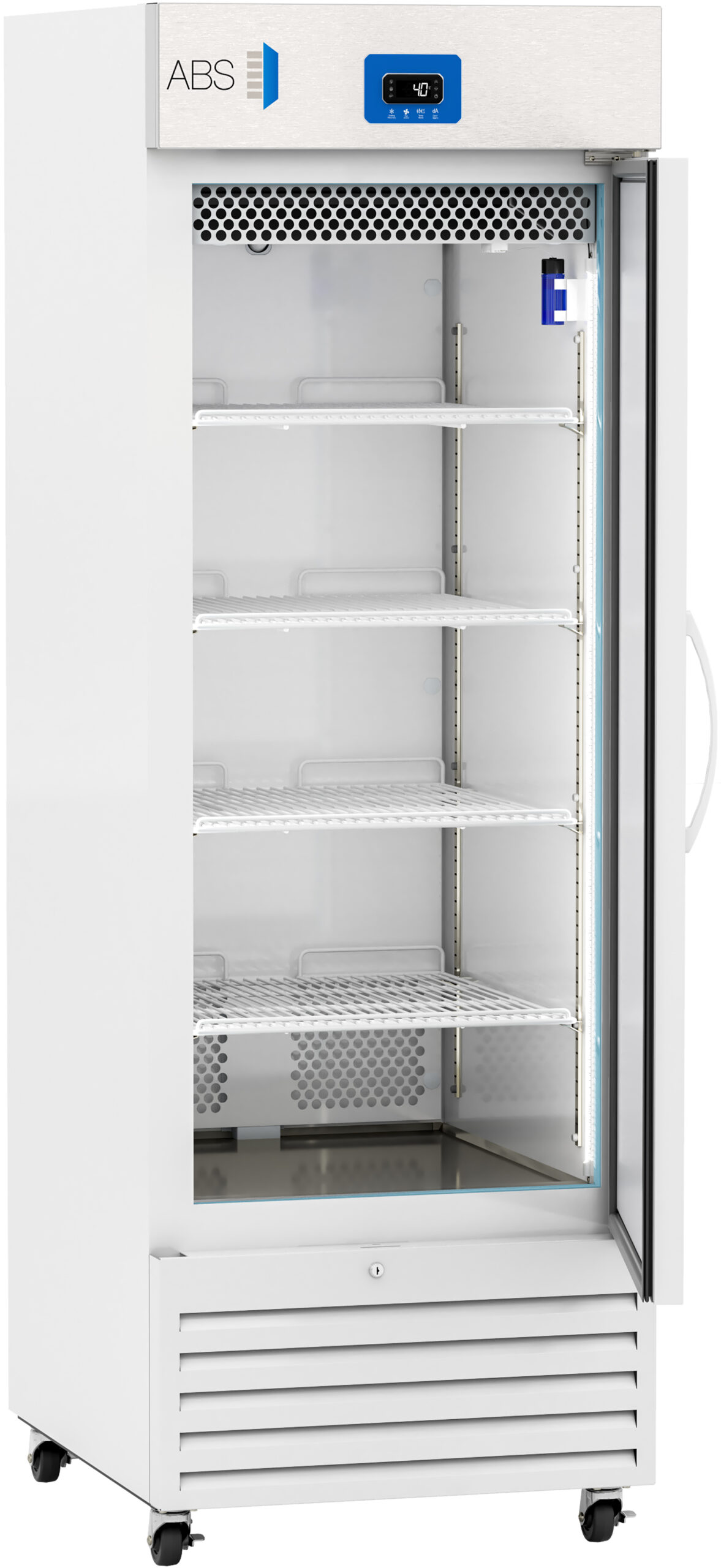 A tall, white, upright laboratory refrigerator with a glass door, metal handle, five adjustable wire shelves, and a digital temperature display panel at the top shows -40°C. The unit has ventilation grilles at the bottom and is on four wheels.