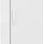 A tall, white, single-door laboratory refrigerator on wheels features a digital display reading 4.0°C at the top, a vertical handle, ventilation grilles at the bottom, and a small green leaf logo near the lower right corner.