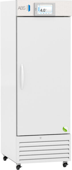 A tall, white, single-door laboratory refrigerator on wheels features a digital display reading 4.0°C at the top, a vertical handle, ventilation grilles at the bottom, and a small green leaf logo near the lower right corner.