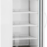 A tall, white laboratory refrigerator with a transparent door is shown open. Inside are five adjustable wire shelves. The top panel displays the brand “ABS” and a digital temperature screen reading “4.0°C.” The unit has wheels and a side handle.