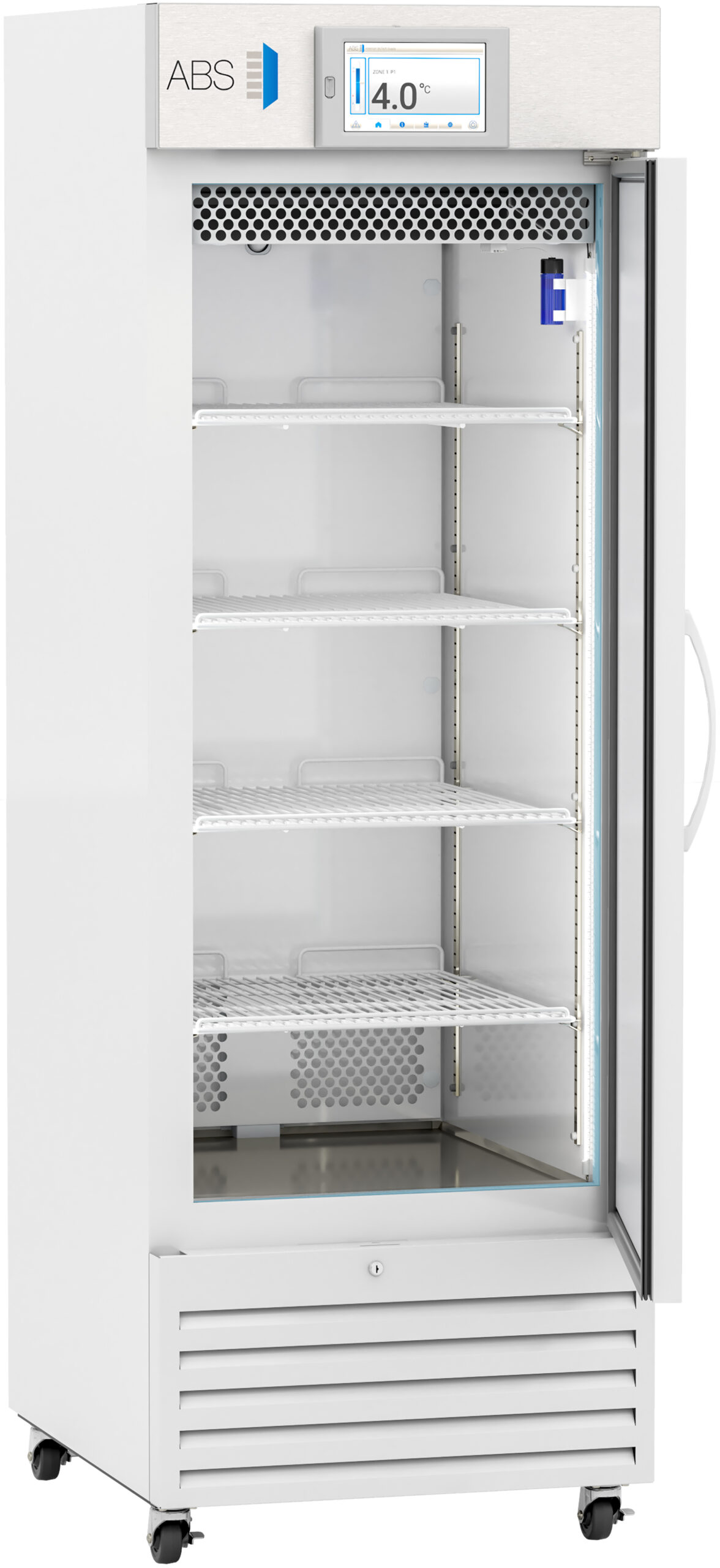 A tall, white laboratory refrigerator with a transparent door is shown open. Inside are five adjustable wire shelves. The top panel displays the brand “ABS” and a digital temperature screen reading “4.0°C.” The unit has wheels and a side handle.