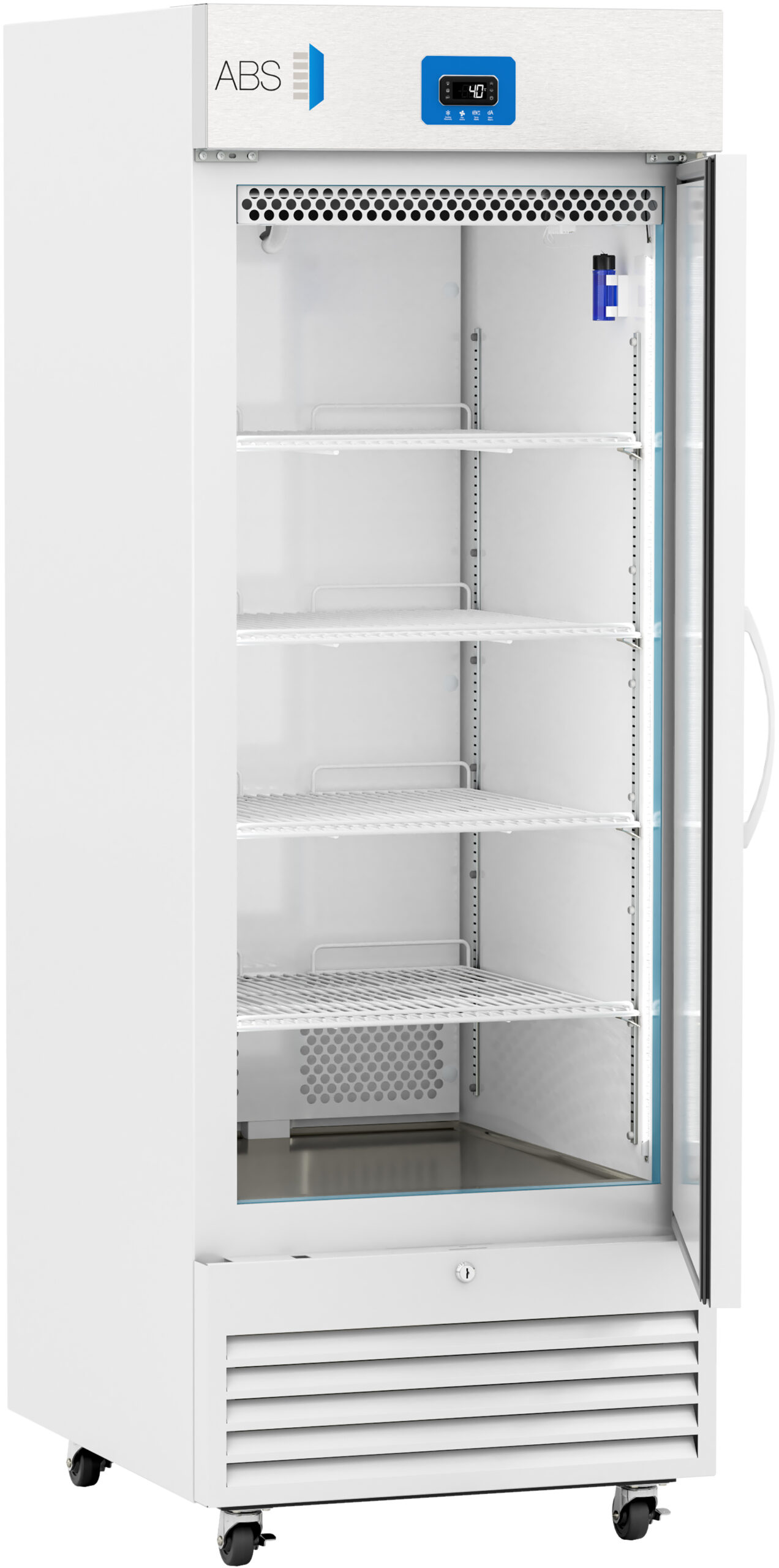A tall, white, commercial refrigerator with a glass door is pictured. It has five empty wire shelves, a digital temperature display at the top, vented panels at the bottom, and is mounted on wheels for mobility. The door is partly open, revealing the interior.