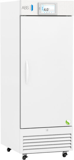 A tall, white laboratory refrigerator stands on small wheels. It features a solid front door with a handle on the left, a digital display at the top showing 4.0°C, and ventilation grilles at the bottom. The ABS brand logo is on the upper left.