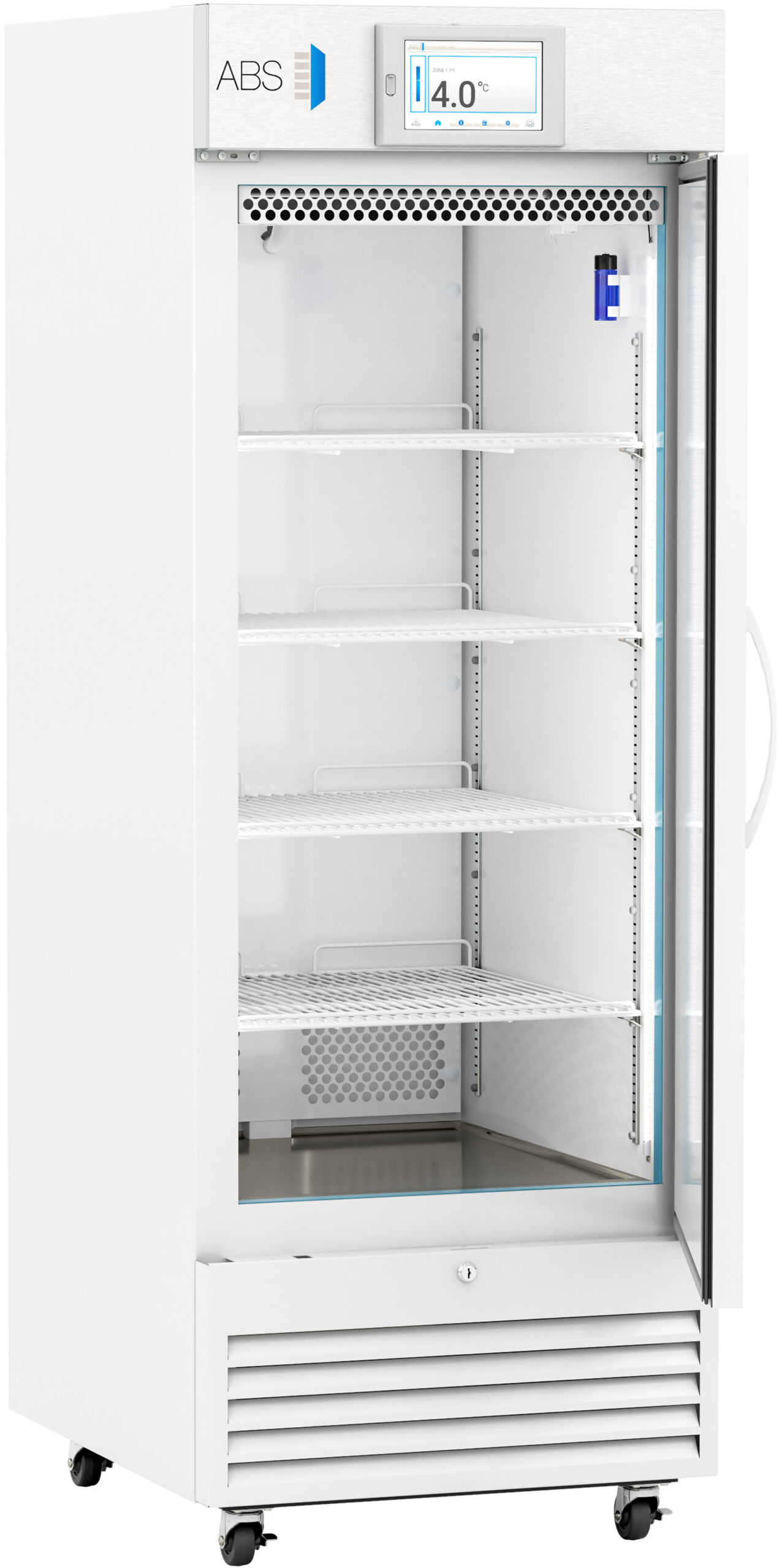 A tall, white laboratory refrigerator with a glass door is open, revealing five empty wire shelves inside. A digital display at the top shows a temperature of 4.0°C. The refrigerator has wheels and a vent near the bottom.