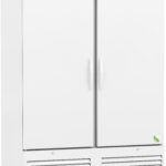 A large, commercial white double-door refrigerator with vertical handles, a digital display at the top center, ventilation grilles at the bottom, and small wheels. The brand ABS and American BioTech Supply are labeled on the upper left.
