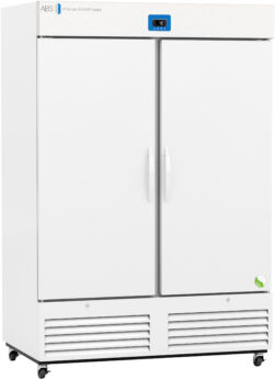 A large, commercial white double-door refrigerator with vertical handles, a digital display at the top center, ventilation grilles at the bottom, and small wheels. The brand ABS and American BioTech Supply are labeled on the upper left.