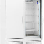 A large, white commercial refrigerator with sliding glass doors, five adjustable wire shelves, a digital temperature display, ventilation grilles at the bottom, and caster wheels. The right door is partly open, showing the empty interior.