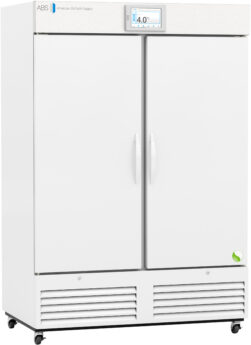 A large, white, double-door laboratory refrigerator with a digital temperature display showing 4.0°C. The unit has handles on both doors, ventilation grilles at the base, and wheels for mobility. The ABS logo is visible on the top left.