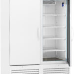 A large white medical refrigerator with a glass door on the right, displaying shelves inside. The left door is closed. An electronic temperature display shows 4.0°C at the top. The unit is on wheels and branded American Biotech Supply.