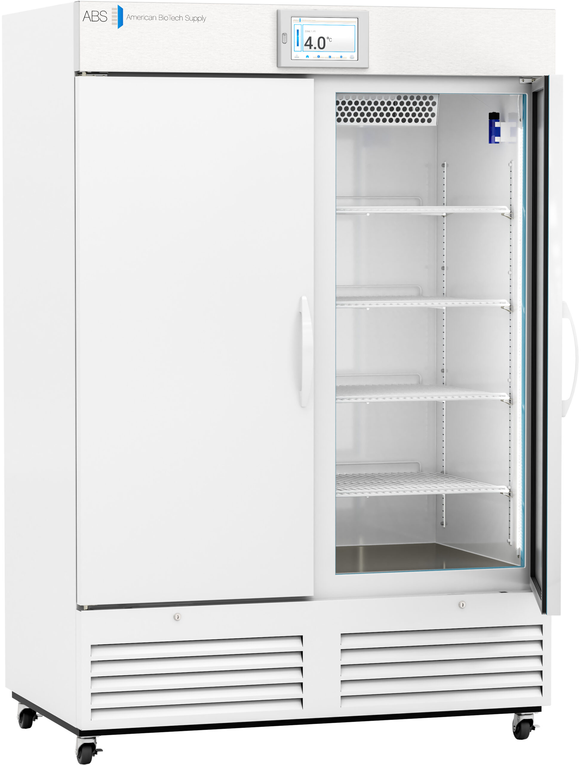 A large white medical refrigerator with a glass door on the right, displaying shelves inside. The left door is closed. An electronic temperature display shows 4.0°C at the top. The unit is on wheels and branded American Biotech Supply.