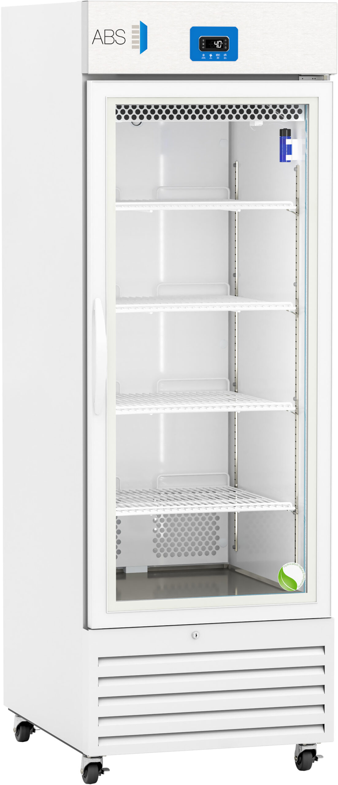A tall, white, single-door laboratory refrigerator with a glass front. It has five adjustable wire shelves inside and a digital temperature display showing -40°C at the top. The unit stands on wheels and features ventilation slots at the bottom.