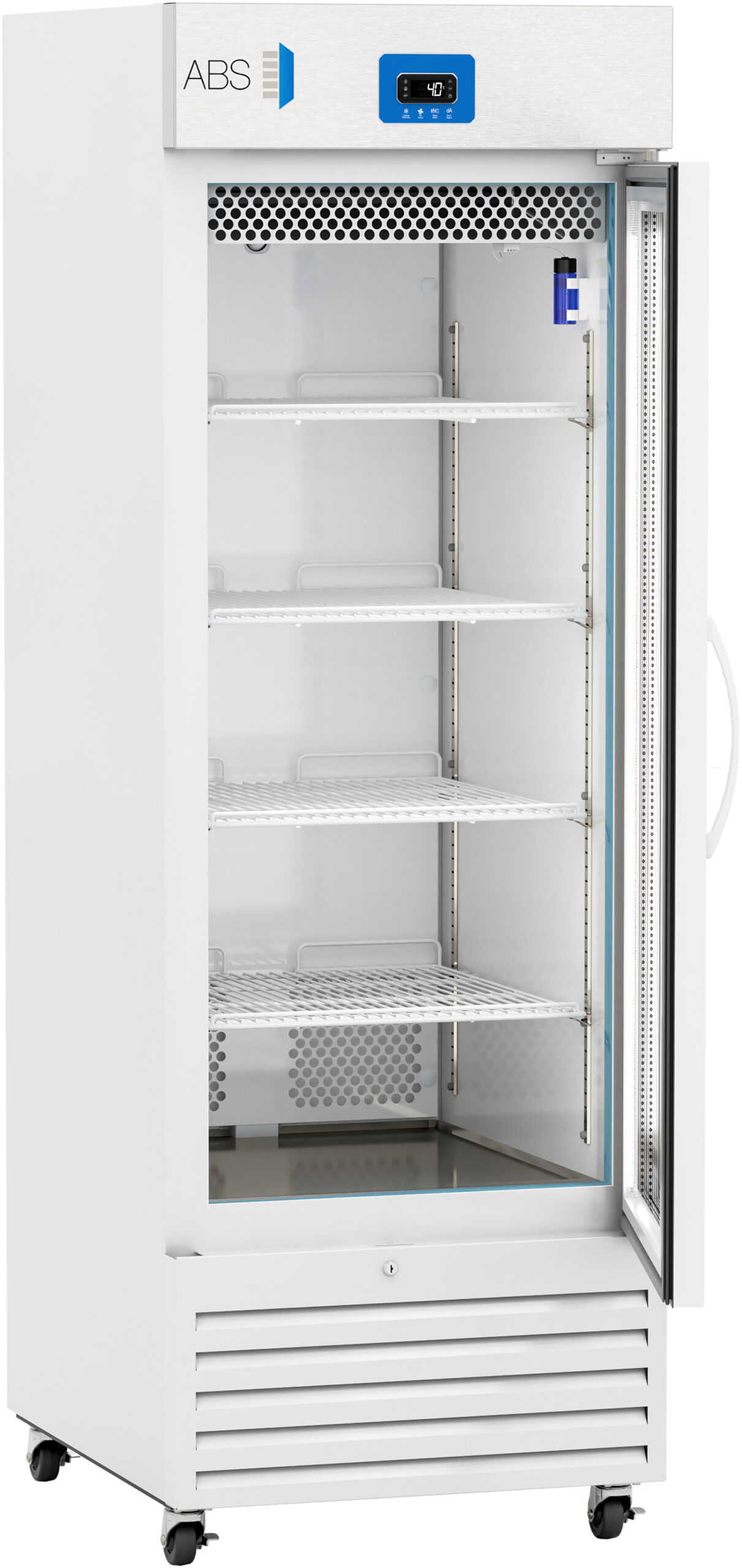 A tall, white, upright laboratory refrigerator with a glass door, five wire shelves, a digital temperature display showing 4.0°C, and ventilation grilles at the top and bottom. The door is open, revealing the empty shelves inside.