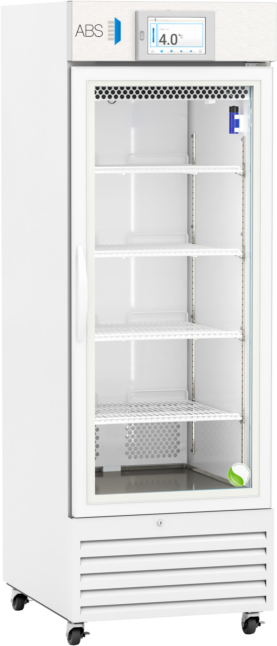 A tall, white commercial refrigerator with a glass door, five empty wire shelves, a digital temperature display showing 4.0°C, vented panel at the bottom, and small wheels for mobility. The brand ABS appears on the upper left.