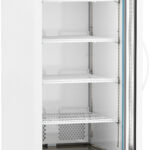 A tall, white medical refrigerator with a glass door stands open, displaying five empty shelves. The digital display at the top shows a temperature of 4.0°C. Air vents and controls are visible inside and at the bottom front of the unit.