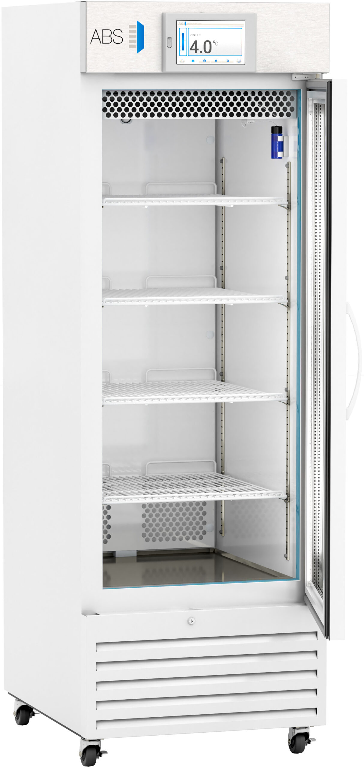 A tall, white medical refrigerator with a glass door stands open, displaying five empty shelves. The digital display at the top shows a temperature of 4.0°C. Air vents and controls are visible inside and at the bottom front of the unit.